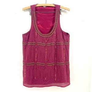 Vintage Fossil Beaded Tank Top Womens M Berry Pink Sequin Lined Boho Gypsy Glam